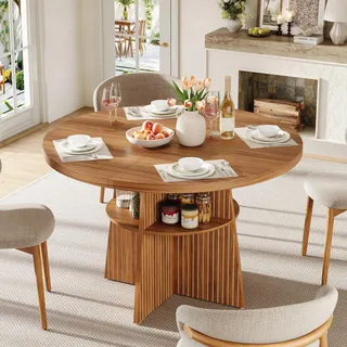 MODFU Ausziehbarer Esstisch rund 110–150×110×77,5 cm, Küchentisch für 2–8 Personen mit erweiterbarer Tischplatte, Ablagefläche und MDF-Platte, Walnussoptik - Naturbelassen