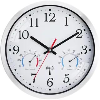 Ziprote Wanduhr Funk Lautlos Funkwanduhr Geräuschlos Funkuhr Wand 25cm | Wanduhren Ohne Tickgeräusche Wandfunkuhr Uhr Mit Temperaturanzeige, Wohnzimmer, Küchenuhren, Metallrahmen, Moderne, Weiß