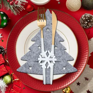 FUKPO 12 Stück Bestecktasche Weihnachten Filz Grau, Besteckhalter Weihnachten Tischdeko Weihnachten Grau Weihnachtsbaum Schneeflocke Stern, Weihnachtstisch Deko Set Weihnachts Tischdeko