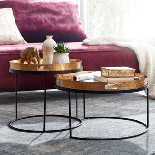 FineBuy Couchtisch 2er Set Metall Gold Hammerschlag Satztisch Rund Sofatisch abnehmbares Tablett Tabletttisch Sofa 2 teilig Runder Beistelltisch - Gold