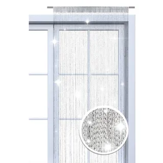 Wometo Faden-Vorhang Glitzer-Vorhang oekoTex 90x245 - weiß-Silber glänzender Deko Schal transparent halbtransparent Weihnachten
