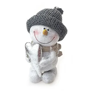 TEMPELWELT Deko Figur Schneemann mit Herz 14 cm, Keramik grau weiß, Dekofigur Schneemannfigur Winterdeko Winter Weihnachten