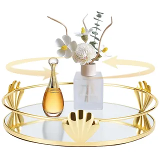 SLHEQING Deko Tablett Drehbar, Spiegeltablett Rundes Tablett Gold Schminktisch Organizer Kosmetiktabletts Vintage Schlafzimmer Badezimmer Schminktisch Deko