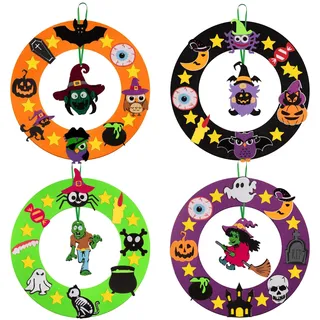 Benjia 4 Stück Halloween-Kranz-Bastelsets für Kinder, DIY-Filzkranz-Ornamente mit Kürbis, Hexe, Eule, Fledermaus, Spinne, Skelett