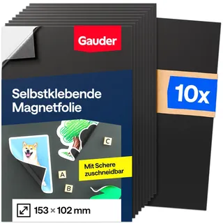 GAUDER Magnetfolie selbstklebend stark - Magnetische Folie zuschneidbar für Fotos, Basteln & Stanzschablonen - Magnetplatte selbstklebend - Magnetmatte für Haushalt & Schule (10 Stück - 153 x 102 mm)