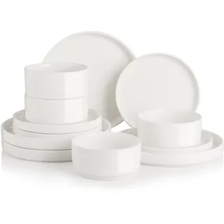 Sweejar Home Porzellan-Geschirr-Set für 4 Personen, 12-teilig, Keramikteller und Schüsseln, klassisch, modern, schlicht, Küchen-Geschirr-Set, spülmaschinen- und mikrowellengeeignet, reines Weiß