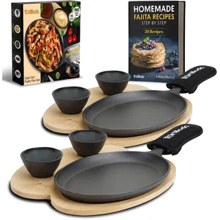 Tortillada – 25 cm Fajita Pfanne aus Gusseise/Grillpfanne für Fajitas – inkl. Serviertablett aus Holz + 2 Keramik Dipschalen (set of 2)