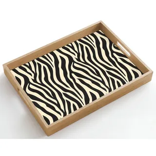 OnlyWow© Tablett Serviertablett rutschfest Griff Küchentablett - Schwarz | 50x35 cm - Rechteckig - Servierplatte Eiche Holztablett Henkel Hitzebeständig Zebra - Druck - Klassisch