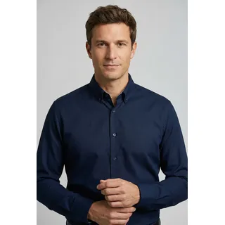 Langarmhemd OLYMP "Luxor", Herren, Gr. 42, N-Gr, marine, Web, Obermaterial: 100% Baumwolle, unifarben, normal, 2-Knopf-Manschette, Hemden Langarmhemd, modern fit, Button-down-Kragen, Businesshemd