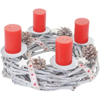 MCW Adventskranz Holz Ø 30Cm MIT Kerzen ROT Weiß, Rot , Holz , 8 cm , Dekoration, Weihnachtsdekoration, Adventskränze