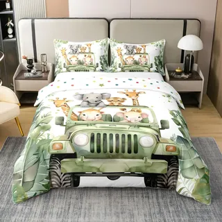 100 % natürliche Baumwolle, Cartoon-Giraffe, Bettwäsche-Set, 220 x 240, 2 Kissenbezüge, Elefant, Bettbezug, Tierthema, LKW, Bettwäsche, tropische Pflanzen, grün, weiß