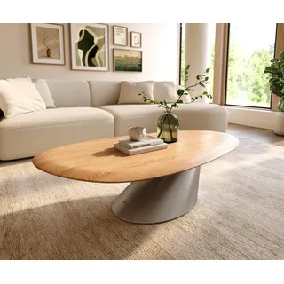 DELIFE Couchtisch Edge Oval 140x75 cm Eiche Natur Runde Kante Conis Edelstahl gebürstet - Hellbraun, Braun