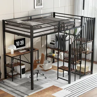 Flieks Etagenbett Metallbett 120x200cm mit Schreibtisch, Hochbett mit Kleiderstange und Regal, Kinderbett Jugendbett mit Lattenrost, Stockbett Schwarz - Schwarz