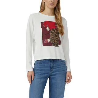 Langarmshirt S.OLIVER, Damen, Gr. 34, weiß, Jersey, Obermaterial: 100% Baumwolle, bedruckt, regular fit normal, Rundhals, gerader Abschluss, Shirts Langarmshirt, mit Print und Schmucksteinen