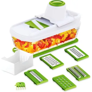 TAVIALO Gemüsehobel Edelstahl Glasbehälter – 6-in-1 Küchenhobel Mandoline Set für Gemüse – BPA-frei, PFOA-frei, Spülmaschinenfest | Küchenhilfe für Salat & Meal-Prep