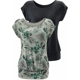 Longshirt LASCANA "mit breitem Bund", Damen, Gr. 32/34, grün (taupe, grün, schwarz), Obermaterial: 95% Viskose (LENZINGTM ECOVEROTM), 5% Elasthan, gemustert, unifarben, bequem lang, Rundhals, Shirts Longshirt, aus weichem Viskose-Stretch, Topseller