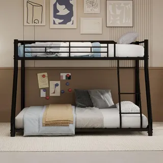 FAVSH Metall-Etagenbett 140x190 cm, L-förmiges Hochbett mit Doppelbett unten, stabiles Bettgestell für Kinder, Jugendliche und Erwachsene, modernes Design mit Sicherheitsgeländer (Schwarz)