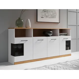 Home affaire Sideboard »RIBE20 Fronten massiv,Korpus Melamin, 2 Türen mit Glaseinsatz« Oberplatte Massivholz,schwarze Metall Griffe,2 Türen mit Glaseinsatz, weiß