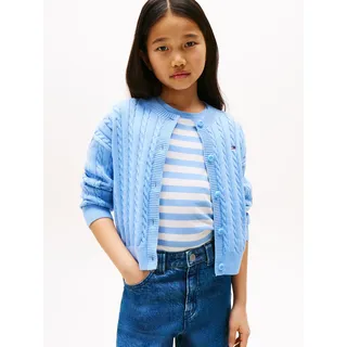 Strickjacke TOMMY HILFIGER "CABLE CARDIGAN", Mädchen, Gr. 14 (164), blau (cloudy blau), Strick, Obermaterial: 100% Baumwolle, unifarben, regular fit hüftlang, Rundhals, Bündchen, Strickjacken Strickjacke, für Kinder bis 16 Jahre, mit Zopfmuster