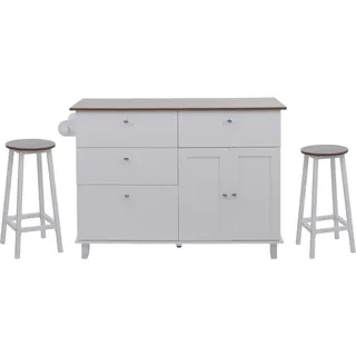 MCW Kücheninsel P62 mit 2 Sitzhockern Staufächer MDF 90x131x47cm Weiß Dunkles Holz