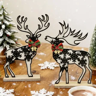 2 Stück Holz-Rentiere Weihnachten Deko mit Glocke,Schwarz Hirsch Deko Weihnachten Holz Weihnachtsdeko,Christmas Ornaments mit Basis,Weihnachtsdekorationen für Fensterbank Kaminsims Tischdeko Geschenk