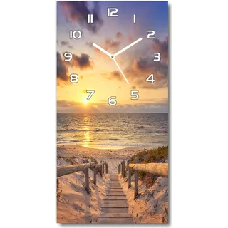 Wanduhr aus Glas – 30x60 cm - Glasbild - Glasuhr - Gehärtetes Glas -Weg zum Strand - Gelb