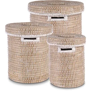 Decorasian Wäschekorb mit Deckel aus Seegras – 3er Set Bast Wäschesammler geflochten, rund & groß – 3er Set – Boho Korb für Wäsche, Spielzeug & Decken – Nachhaltig & Robust, S, M, L