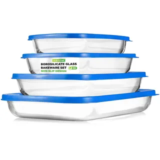 NutriChef 4 Sets Glas-Backformen – hohe Borosilikatglas-Backform mit blauen BPA-freien PE-Deckeln, Gefrierschrank zu Backofen, Küche, Backen, Auflaufform, stapelbar, spülmaschinengeeignet