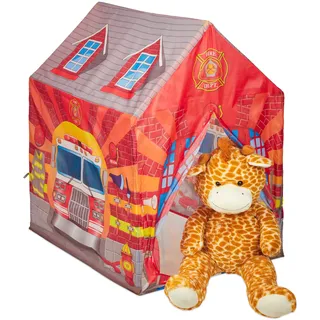 Relaxdays Feuerwehr Kinderzelt, großes Kinderspielzelt für Jungen, fürs Kinderzimmer, ab 3 Jahren, 103 x 71 x 94 cm, rot