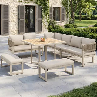 Flieks Gartenmöbel-Set 6 teilig für 8-10 Personen, Gartenlounge-Set mit Bank und Tisch, Gartengarnitur Sofagarnitur mit Seil-Design, Beige - Beige