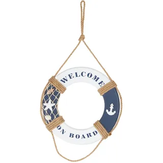 HEITMANN DECO Holz-Rettungsring Welcome on Board - Maritime Dekoration für innen zum Aufhängen - Wanddeko, Badezimmer - Blau-Weiß, 25 x 25 x 3 cm