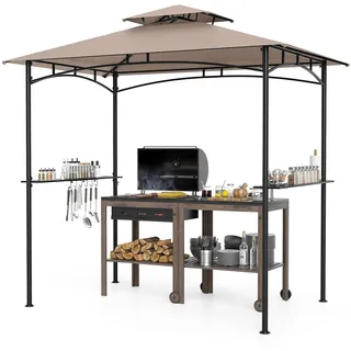 COSTWAY Grillpavillon mit Doppeldach, 2 Seitenregalen & 6 Haken, BBQ Pavillon, Grillüberdachung wetterfest, Grillunterstand 242x150x250cm Braun - Braun, Schwarz