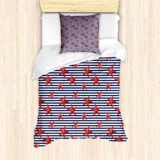 ABAKUHAUS Seestern Mantele, Maritime Themed Muster, Milbensicher Allergiker geeignet mit Kissenbezügen, 135 cm x 200 cm - 80 x 80 cm, Navy Weiß Rot - Rot