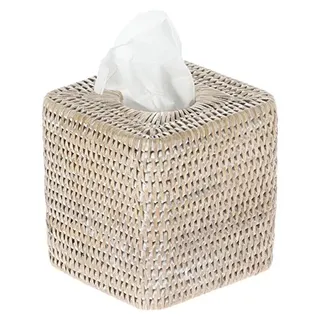 Kouboo La Jolla Rattan Square Tissue Box Cover, White Wash, Wicker, 13.97 x 13.97 x 14.61 cm