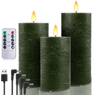 AnnSpa 3 Set Led Kerzen Aufladbar mit 10-Tasten Fernbedienung, Wasserdichte Wiederaufladbare Kerzen Flammenlose Echtes Wachs Flackern Wick Yellow Light Pillar Candles mit Timerfunction - Grün