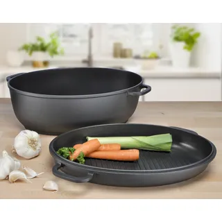 1.06 Aluguss Bräter mit Grillpfanne - Fassungsvermögen ca. 8 Liter - Schwarz