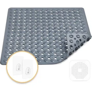 Rutschfeste Duschmatte, 53 x 53 cm, 100% BPA-frei, inklusive 2 Haken zum Aufhängen und 1 Silikonablaufgitter, rutschfeste Duschmatte, maschinenwaschbar, schimmelresistent, hautfreundlich (dunkelgrau) - Dunkelgrau