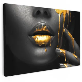 MuchoWow Leinwandbild Frau - Schwarz - Gold - Gesicht - Lippen XXL 150x100 cm , Goldfarben , Textil , Kiefer , Rechteckig , 150x100 cm , FSC 100% , gerahmt , Bilder & Rahmen, Bilder, Leinwandbilder