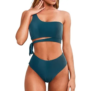 Damen Bikini Set Rüschen One Shoulder Bikini High Waist Bauchweg Bademode Zweiteiliger Badeanzugy Split-Bikini-Badeanzug mit hoher Taille für Frauen(dunkelgrün,XL)