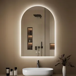 OUMUSU Badspiegel mit Beleuchtung Bogen 50x75 cm, Rahmenlos Badezimmerspiegel mit Beleuchtung, Gewölbter Bad Spiegel mit Licht, Beschlagfrei, Touch-Schalter, Dimmbar,3 Lichtfarbe Einstellbare