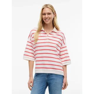 Poloshirt TOMMY HILFIGER "MULTISTP OVERSIZED SS POLO", Damen, Gr. S (36/38), weiß (multi stp ecru, fire rot), Single Jersey, Obermaterial: 100% Baumwolle, gestreift, oversize normal, Rundhals, eingesetzt gerader Abschluss, Shirts Poloshirt, Baumwolle, oversize