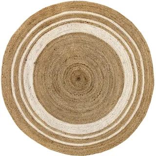 HAMID Jute Teppich Rund, Alhambra Teppich Handgewebt 100% Naturfaser de Jute, Wohnzimmer, Schlafzimmer, Flurteppich, Farbe Natur/Weiß (150x150cm)