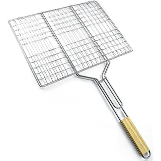 Grillguthalter mit Holzgriff | BBQ Grillkorb für Fischgemüse Steak Garnelenkoteletts | 38,5 x 28cm Grillgitter aus Metall | Gemüsekorb Burger Grillwender | Grilling Basket | Grill Rost zum Grillen
