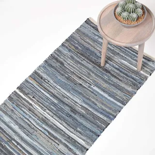 Homescapes Denim-Teppichläufer 66x200 cm, blau gestreifter Flickenteppich handgewebt aus recyceltem Jeansstoff, Chindi-Stil, Flachgewebe, jedes Exemplar EIN Unikat