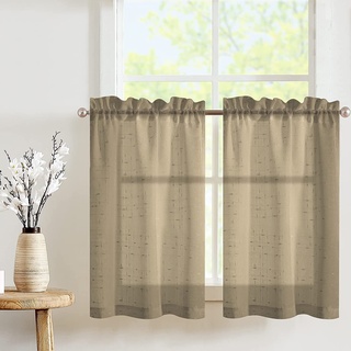 TOPICK Scheibengardinen Braun Transparent Scheibengardine Landhausstil Bistrogardine mit Kreuzmuster Semi Sheer Gardine Kurztores Gaze Fensterschal für Küche Wohnzimmer Landhaus 2er Set 90cm Taupe