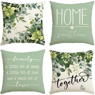 Artoid Mode Family Love Eukalyptus Blätter Sommer Kissenbezüge 4er Set, 45x45 cm Frühling Home Sweet Home Zierkissenbezug Cushion Cover Deko