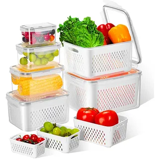 vinato 6 Set Frischhaltedosen Obst Gemüse mit Deckel Sieb, (0.38+0.8+1.7+3.15+4.15+6.2L) Aufbewahrung Kühlschrank für Mikrowellengeeignet, Spülmaschinenfest