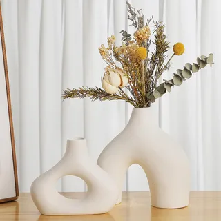 Sawoake Weiße Keramikvase 2er-Set Doppelberg vasen für Moderne Boho Nordic Minimalismus-Stil Dekoration -vasen für Wohnzimmer, Hochzeit, Abendessen Tisch, Party, Büro und Schlafzimmer