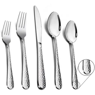 TEAMFAR Besteck Set, 30-teilig Edelstahl Besteckset Essbesteck für 6 Personen, Gehämmert Griff Tafelbesteck Set für Familie/Camping/Catering, Hochglanzpoliert & Spülmaschinengeeignet