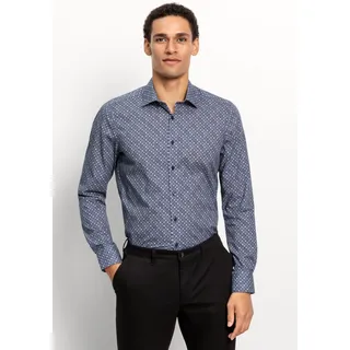 Langarmhemd OLYMP "Level Five body fit", Herren, Gr. 46, N-Gr, blau (marine), Web, Obermaterial: 97% Baumwolle, 3% Elastolefin, gemustert, 2-Knopf-Manschette, Hemden Langarmhemd